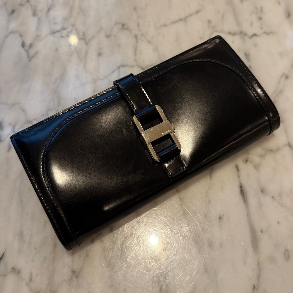 GUCCI Tom Ford Era “Avedon” Long Continental Wallet Black Box Calf Silver Buckle - Picture 2 of 8